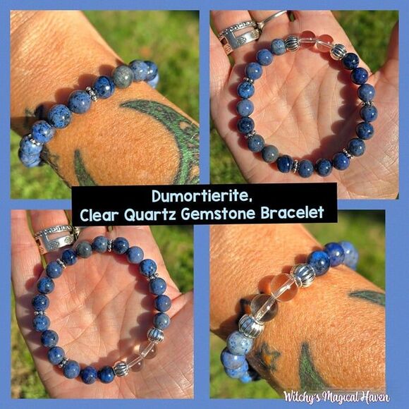 Dumortierite and Clear Quartz Gemstone Beaded Bracelet - Picture 1 of 7